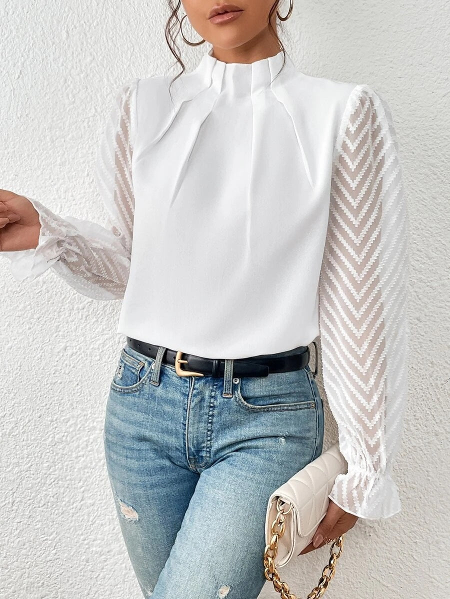 Autumn Winter New Women's High Neck Spliced Wave Pattern Chiffon Long Sleeve Top 