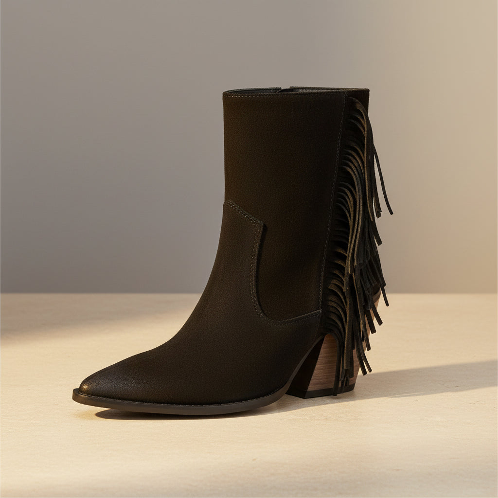 Western Style Ankle Boots for Women, Pointed Toe with Tassel, Chunky High Heel Made to order, ships in 7 days 