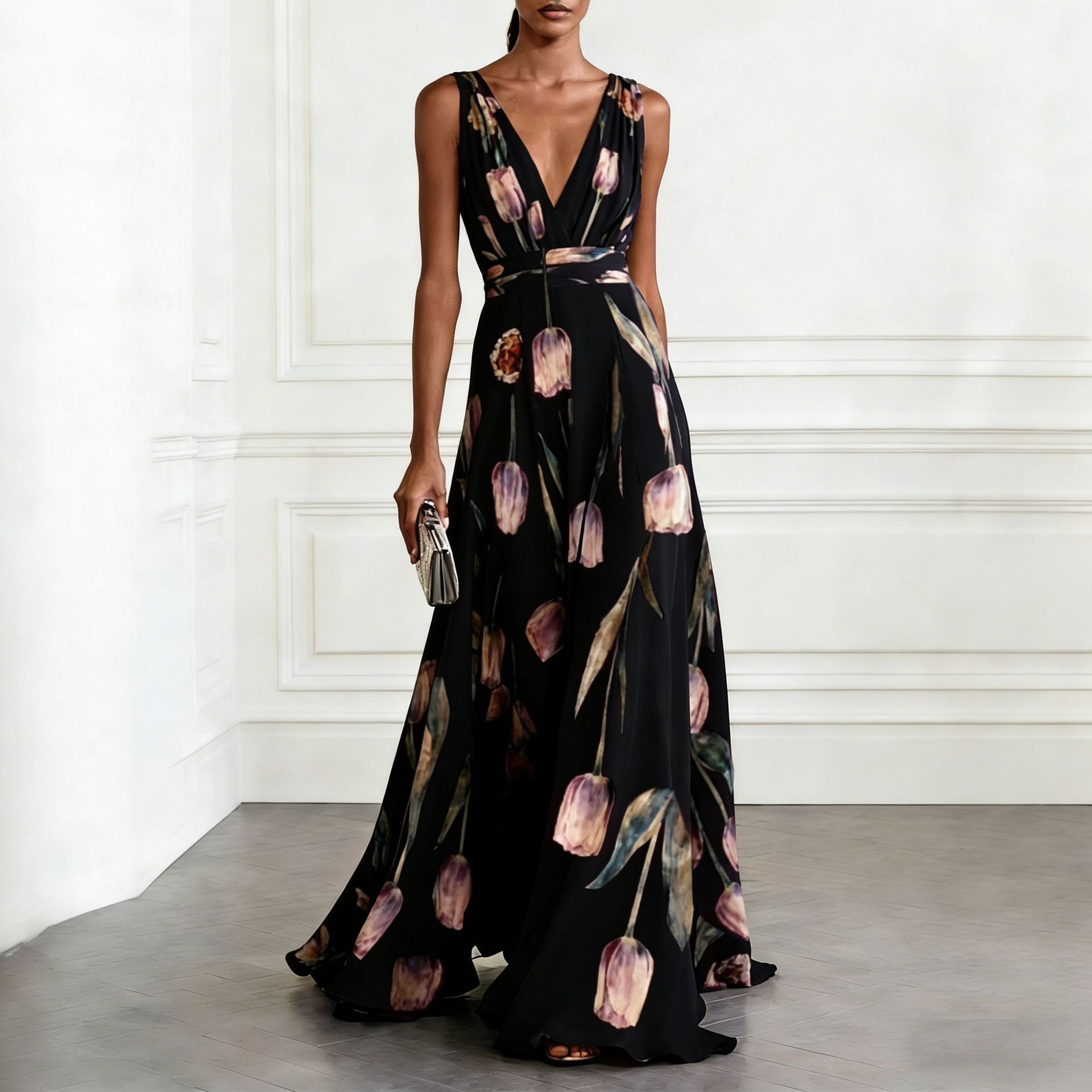Tulip Print Evening Dress for Women Sleeveless V-Neck Long Dress 