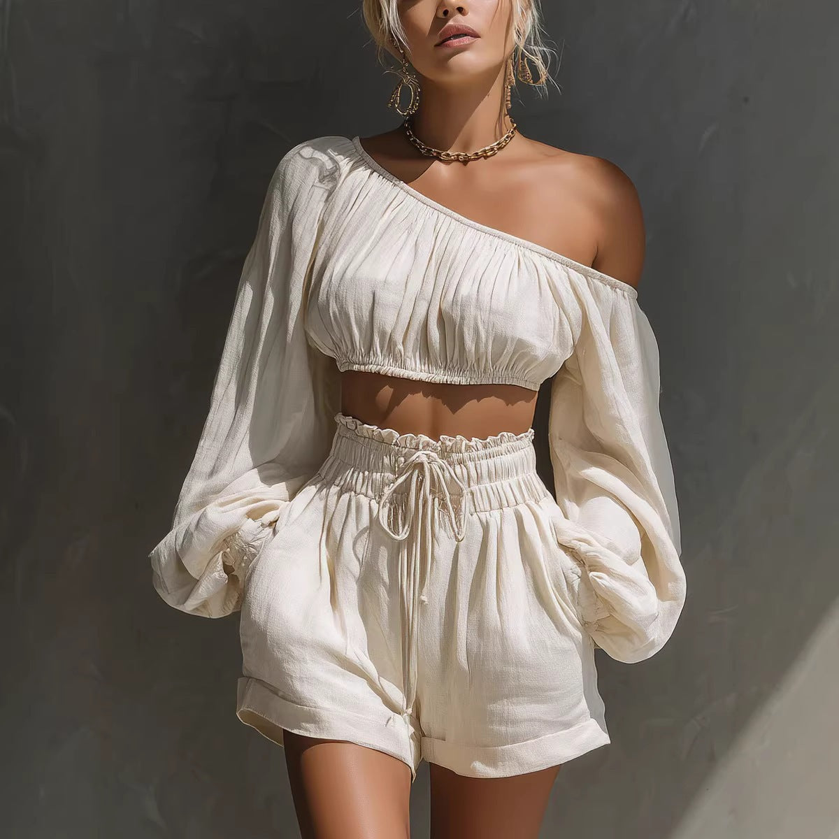 Shoulder long sleeved short top+high waisted casual shorts set for women 