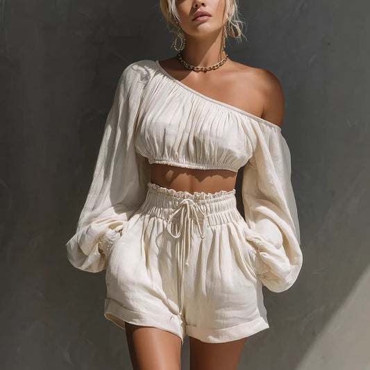 Shoulder long sleeved short top+high waisted casual shorts set for women 
