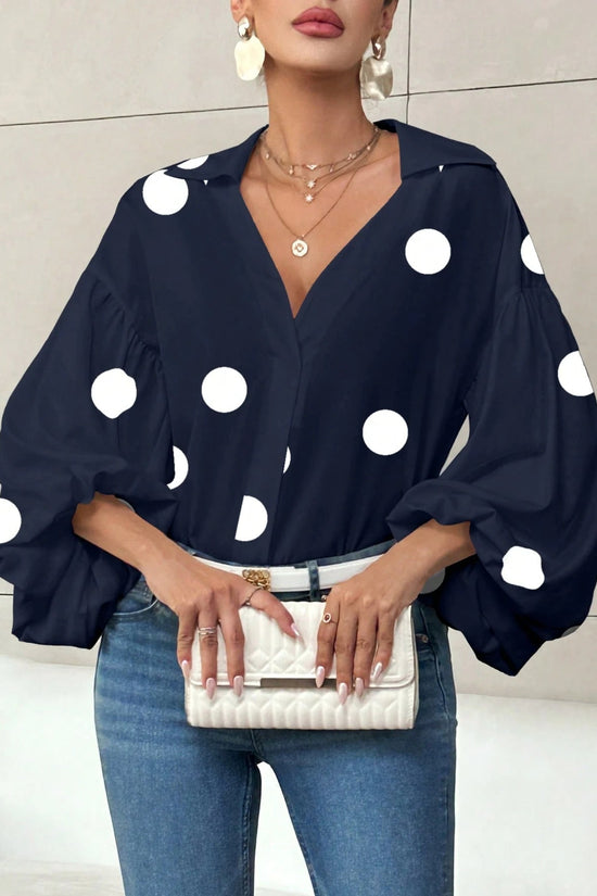 Polka Dot Half-Open Neck Loose Bubble Sleeve Long Sleeve Top 
