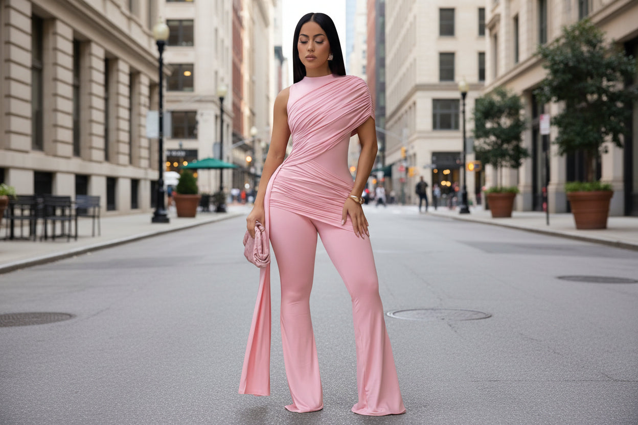 Sexy Crew-Neck Pleated Ribbon Jumpsuit 