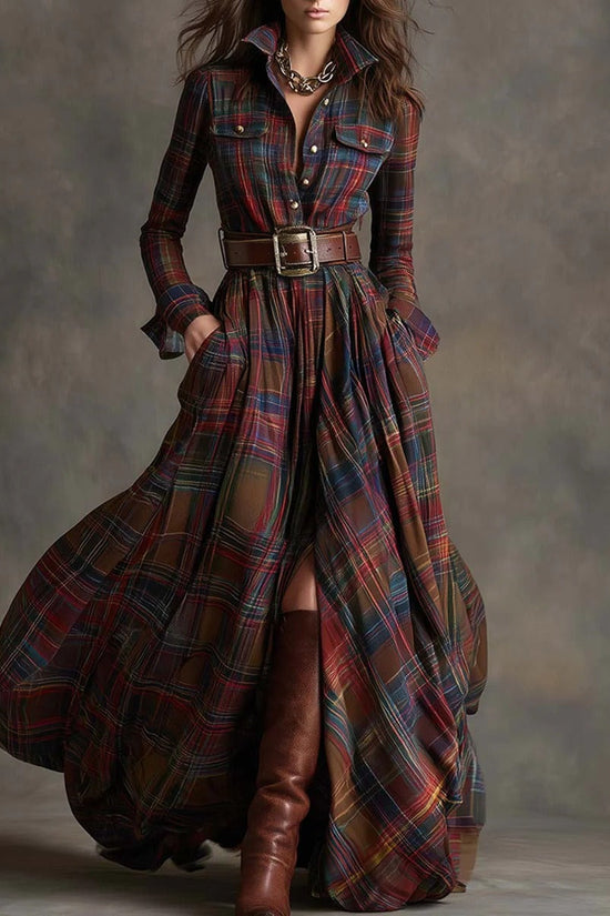 Ins Plaid Print Long-Sleeved Dress Fashion Pockets Collared Buttons Shirt Long Dresses Retro Women's Clothing 