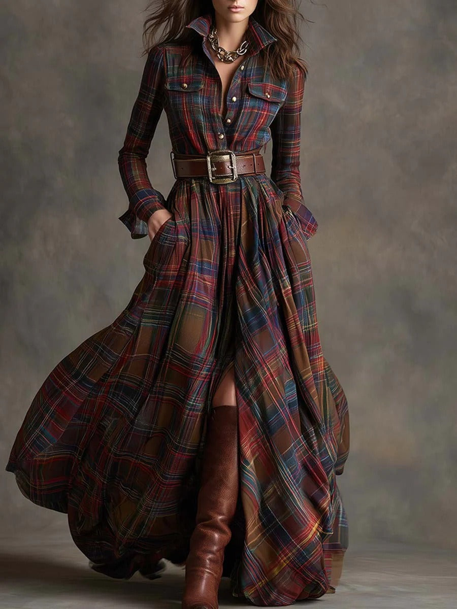 Ins Plaid Print Long-Sleeved Dress Fashion Pockets Collared Buttons Shirt Long Dresses Retro Women's Clothing 