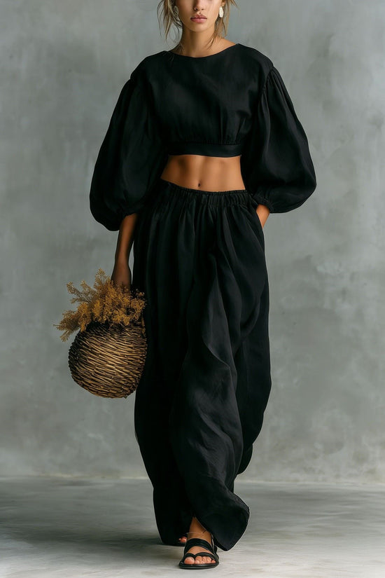 Crew-neck Puffed-sleeve Pocketed Pants Casual Womens Set 