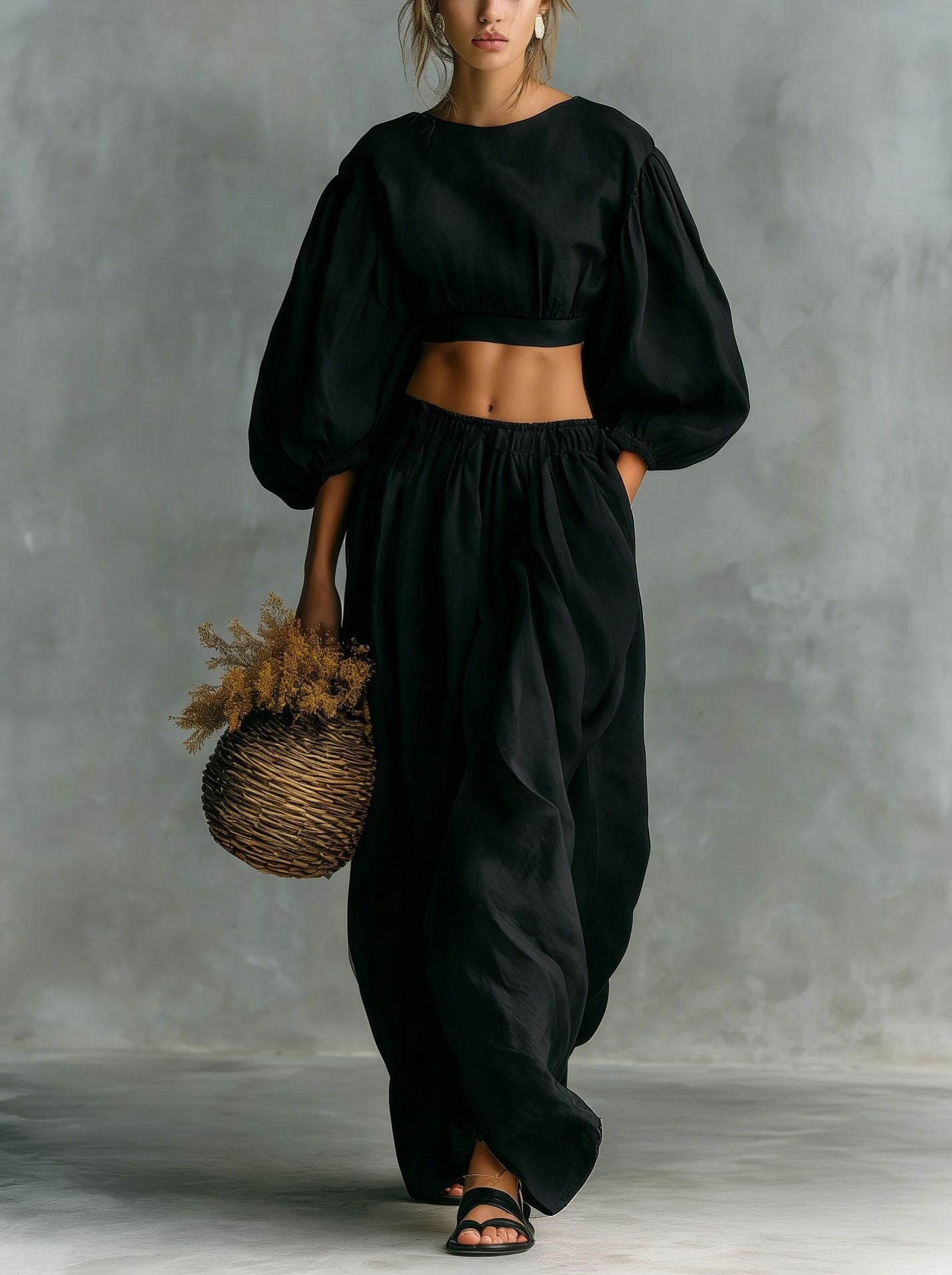Crew-neck Puffed-sleeve Pocketed Pants Casual Womens Set 