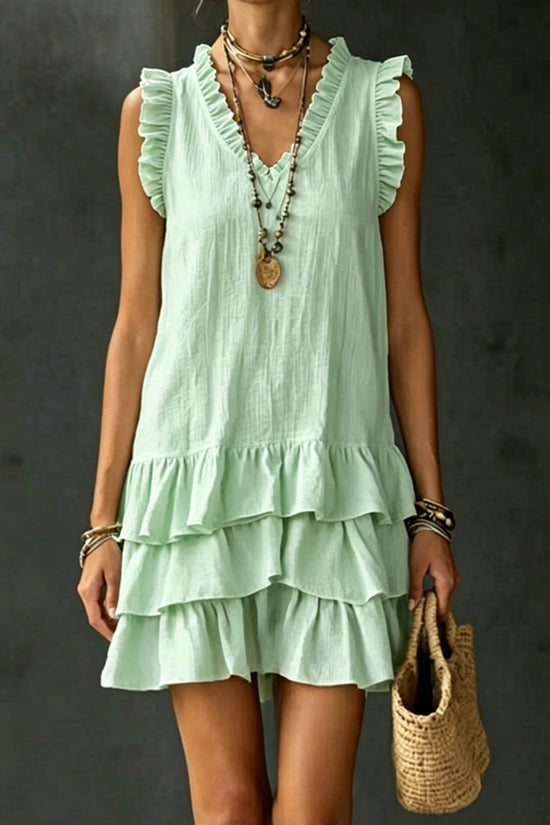 Women's Casual V-Neck Ruffle-Trim Sleeveless Dress 
