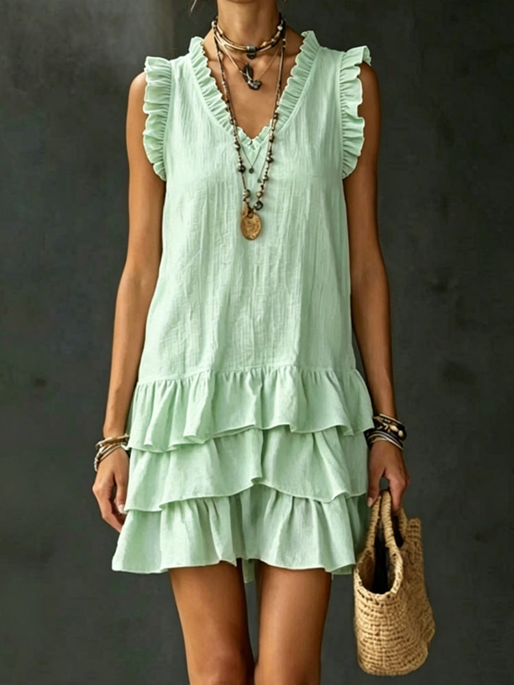 Women's Casual V-Neck Ruffle-Trim Sleeveless Dress 