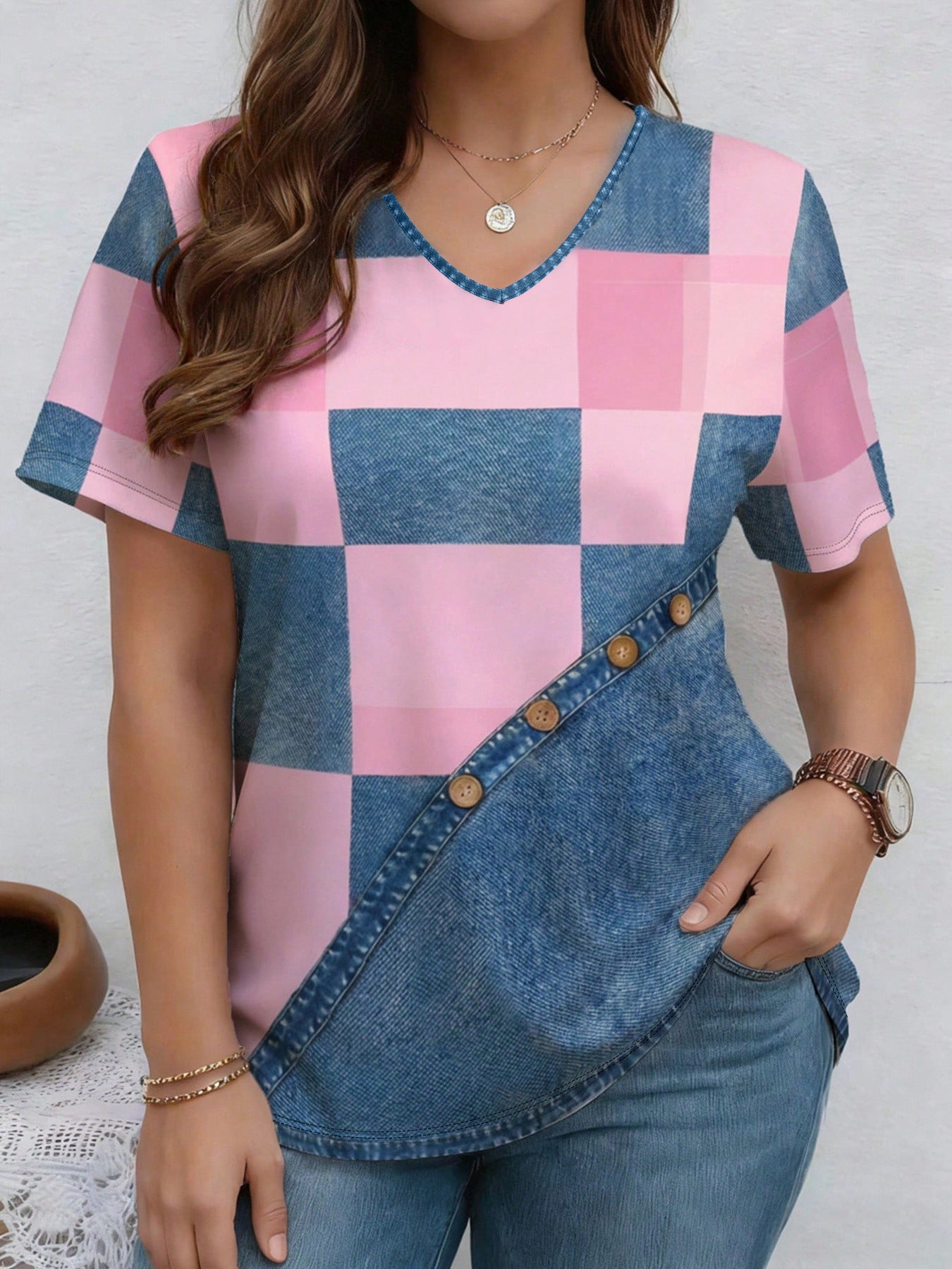 Womens Summer New V-Neck Denim Printed Short-Sleeve T-Shirt 
