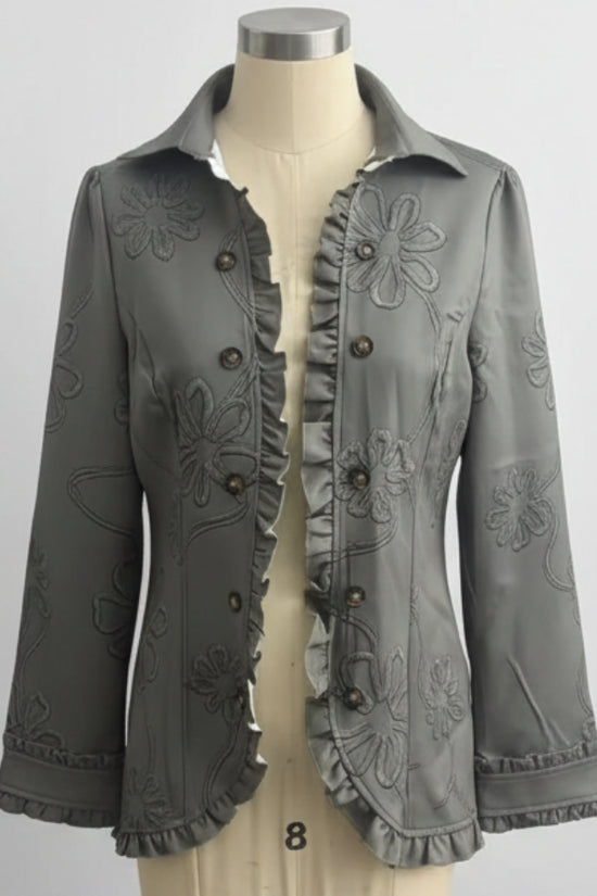 Floral Embroidered Ruffle Trim Double-Breasted Boho Jacket 