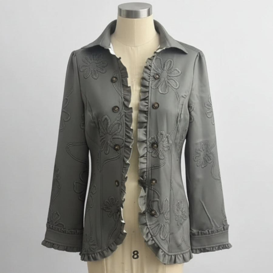 Floral Embroidered Ruffle Trim Double-Breasted Boho Jacket 