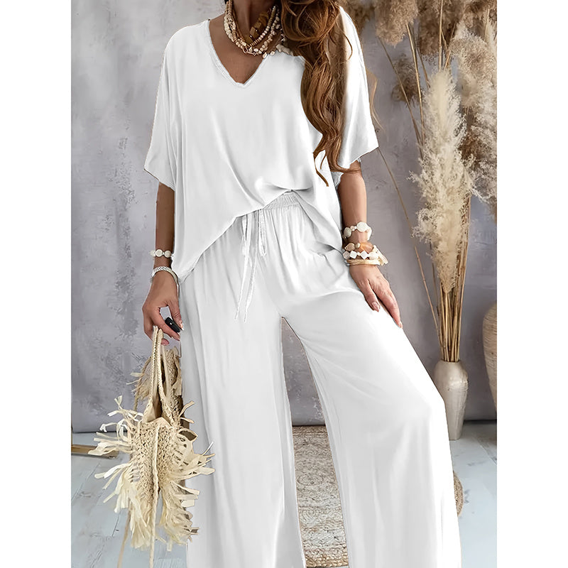 Women's 2 Piece Outfit, Casual Solid Color V-Neck Half Sleeve Top And Wide Leg Pants Lounge Set CJ