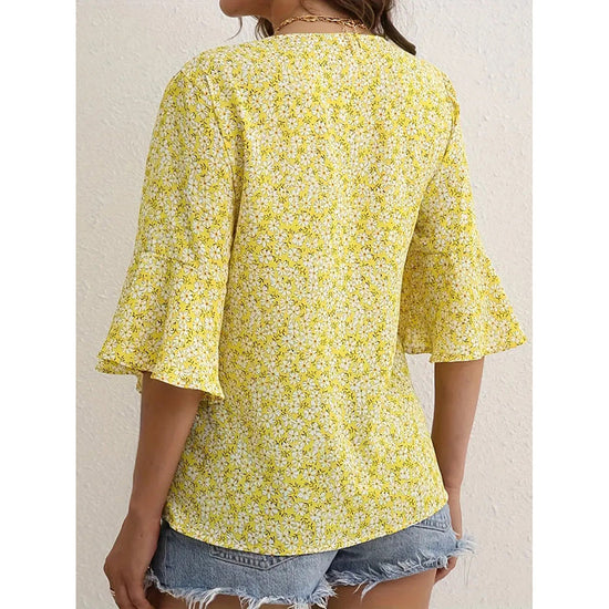 Womens Summer Floral Print Blouses V-Neck Flare Sleeve Tops CJ US