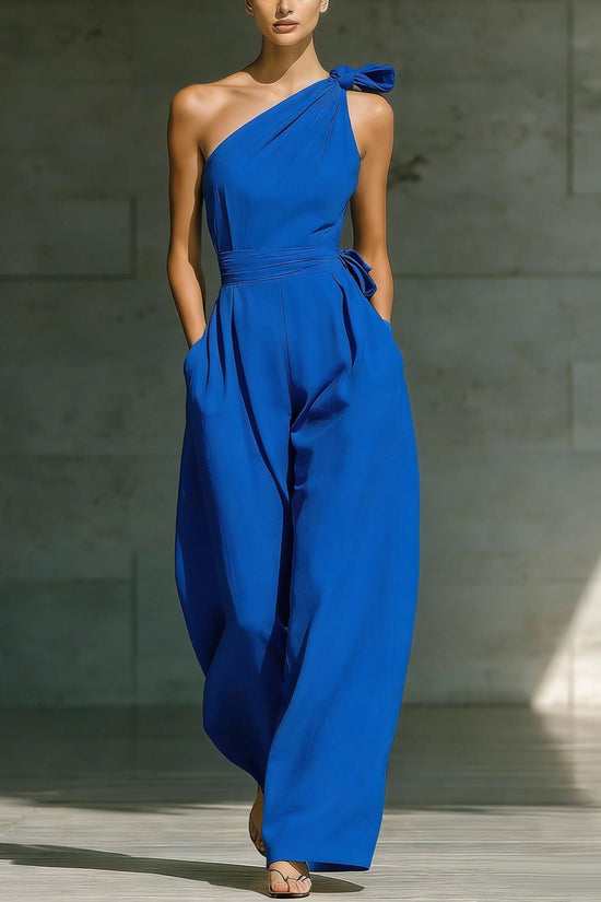 Loose-fitting Sleeveless Off-shoulder Belted Jumpsuit 