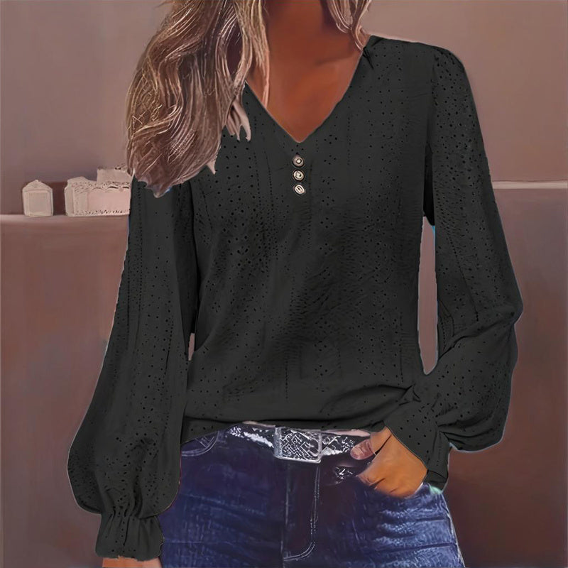 Plus Size Women's V-Neck Solid Top With Button Lantern Sleeves Hollow Out Detail Blouse For Spring&Fall CJ US