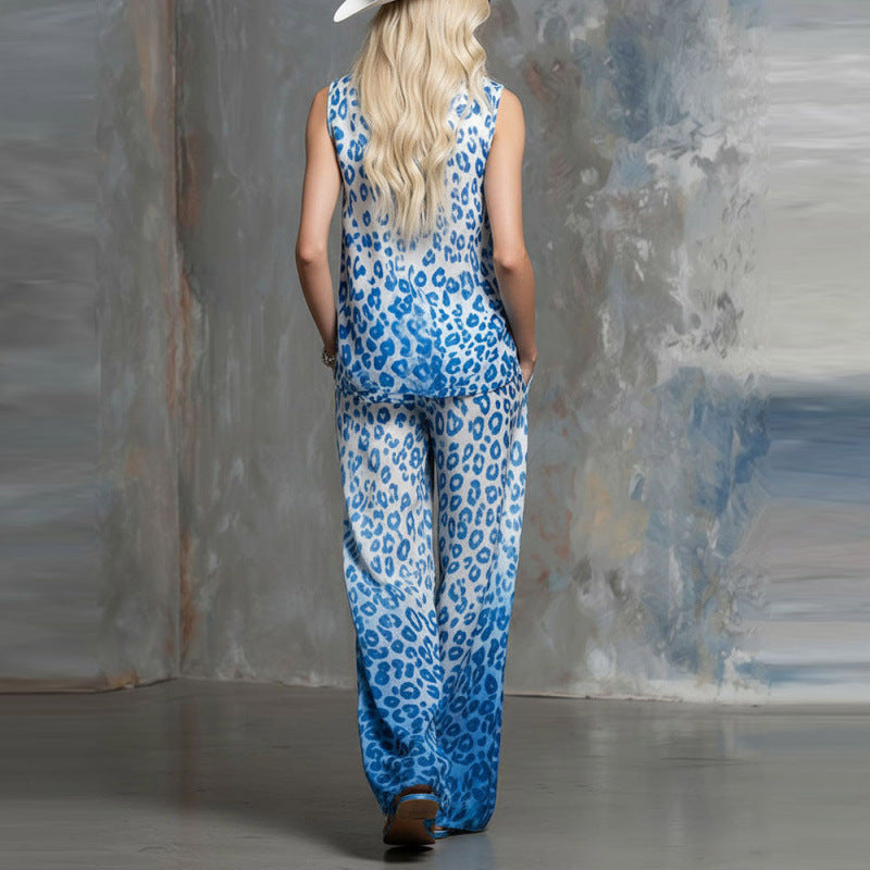 Loose-fit Leopard-print Sleeveless Shirt And Trousers Two-piece Set 