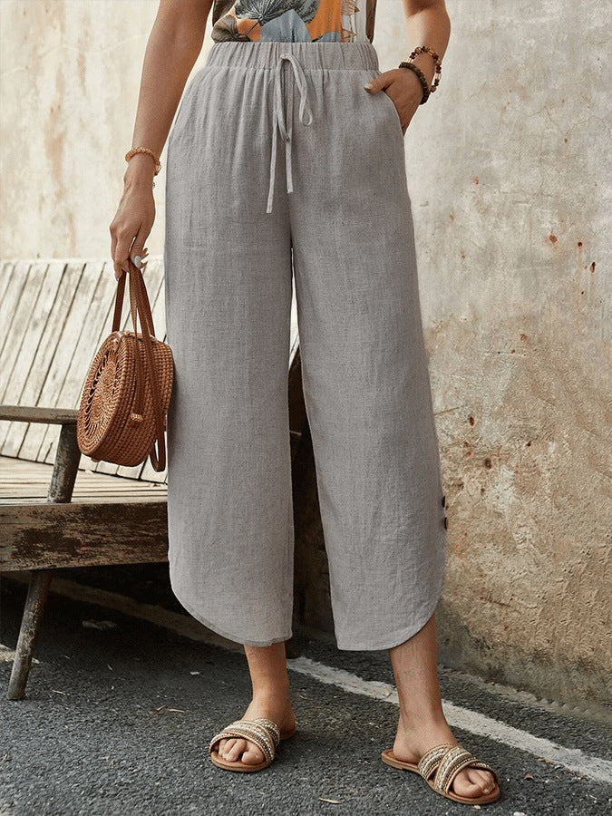 Cotton And Linen Drawstring Cropped Loose Pockets Casual Pants FitiqueFit