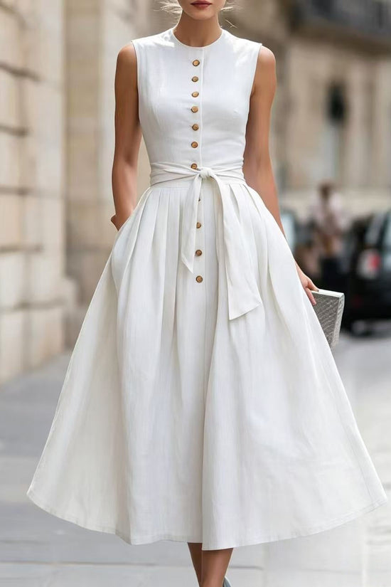 Fitted-waist, Sleeveless Cotton-linen Solid-color Maxi Dress 