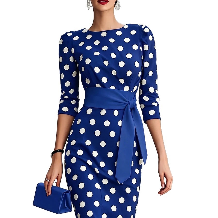 Retro Polka-dot Navy Blue Belted Waist-hugging Elegant Dress 