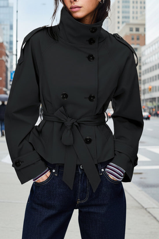 Womens Buttoned Waist-Cinching Lace-Up Trench Coat 