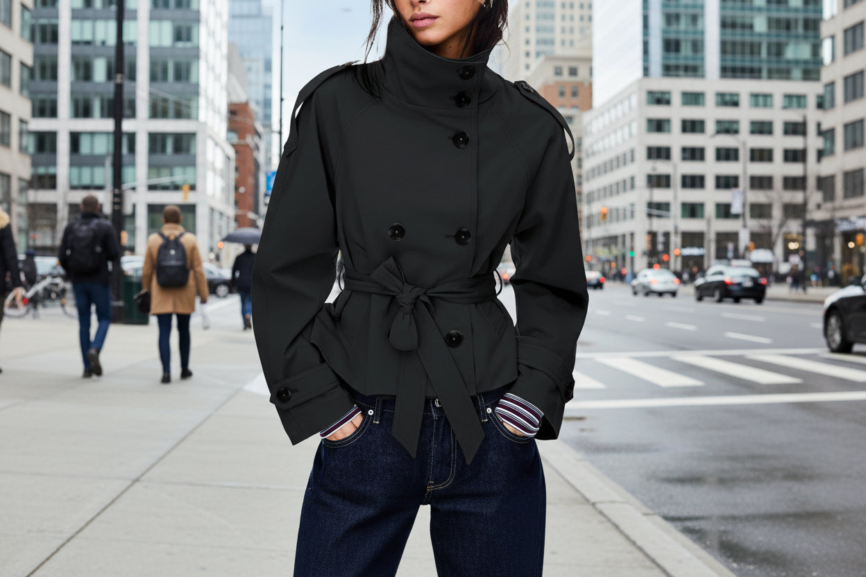 Womens Buttoned Waist-Cinching Lace-Up Trench Coat 