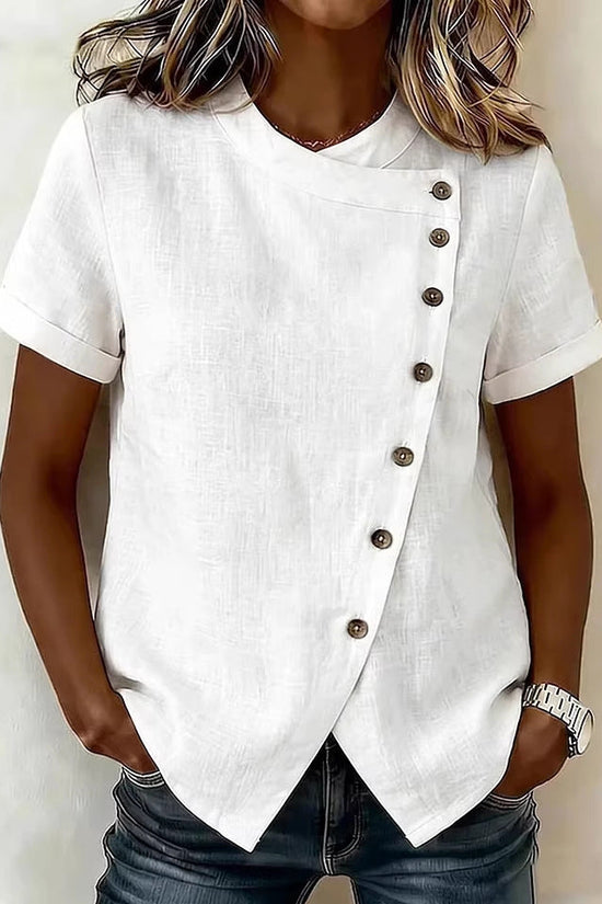 New Solid-Color Cross-Neckline Short-Sleeve Loose Cotton-Linen Asymmetrical Top 