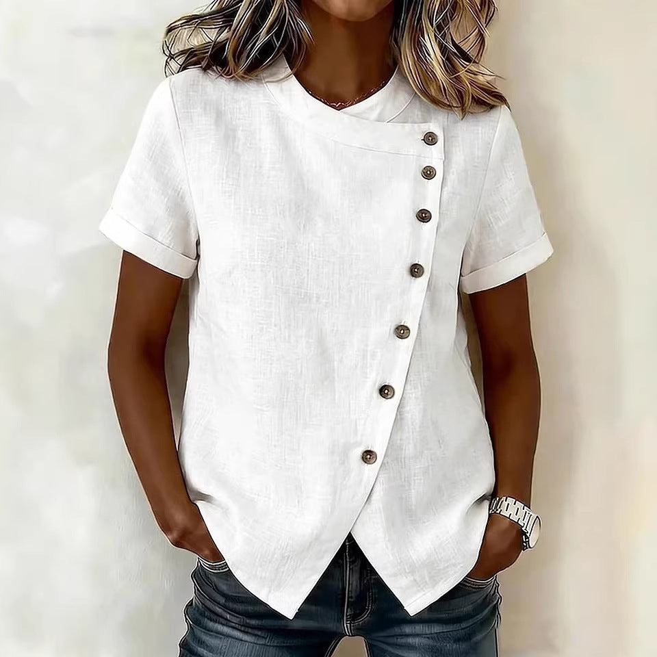 New Solid-Color Cross-Neckline Short-Sleeve Loose Cotton-Linen Asymmetrical Top 