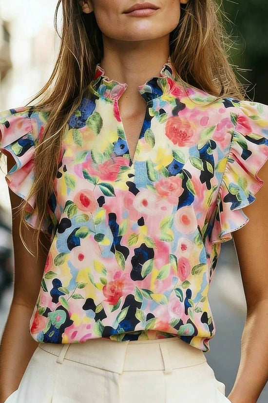 Women's Retro Ruffle-Trimmed Printed Sleeveless Shirt 