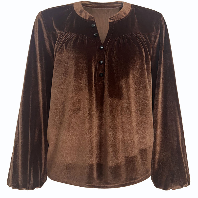 Women's Solid Color V-Neck Button Detail Long Sleeve Pullover CJ US