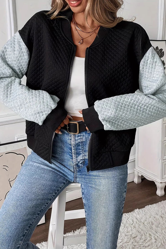 Women's Color Blocked Baseball Collar Casual Long Sleeved Zipper Jacket 