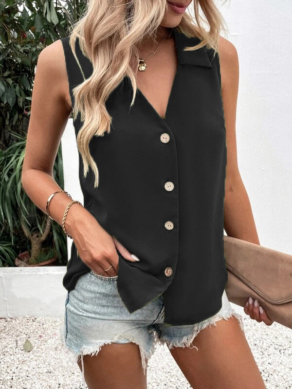 Women's Solid-Color Sleeveless Loose Vest Top – Button Detail 