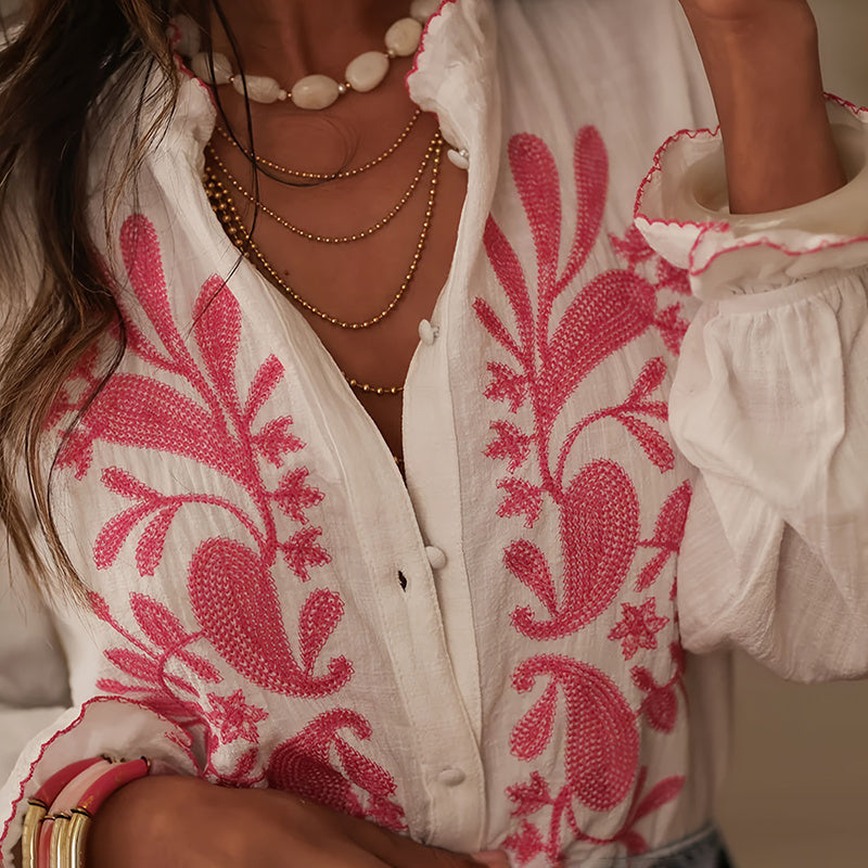 Boho Style Floral Ruffle Blouse, Women's Dressy Casual V-Neck Lantern Sleeve Button Down Shirt CJ US
