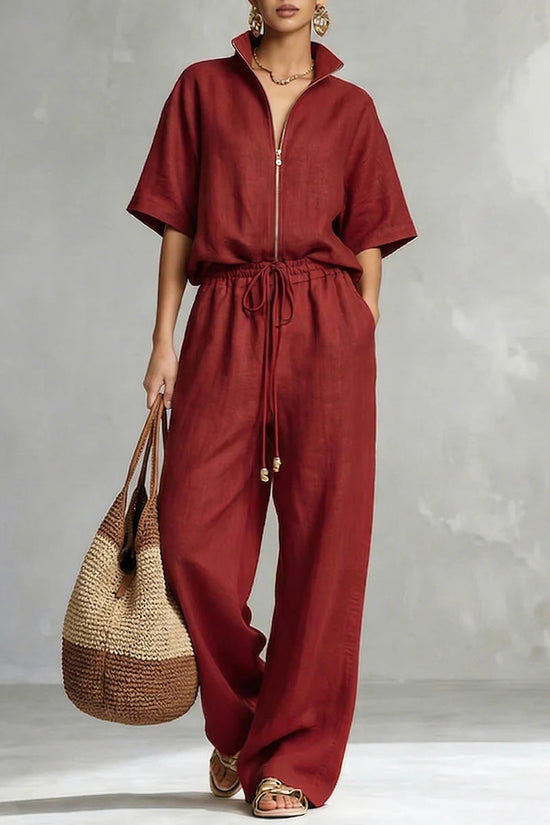 Womens Casual Loose Solid-Color Zip-Up Crew-Neck Wide-Leg Pants Set 