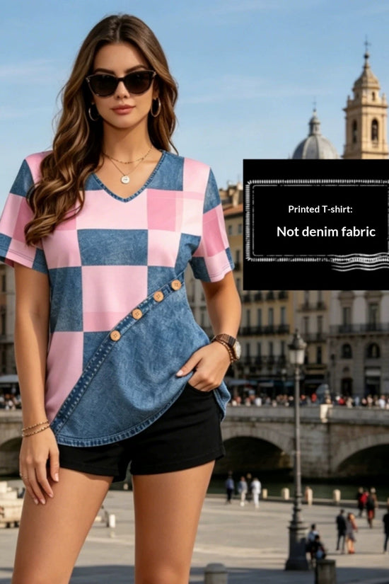 Womens Summer New V-Neck Denim Printed Short-Sleeve T-Shirt 