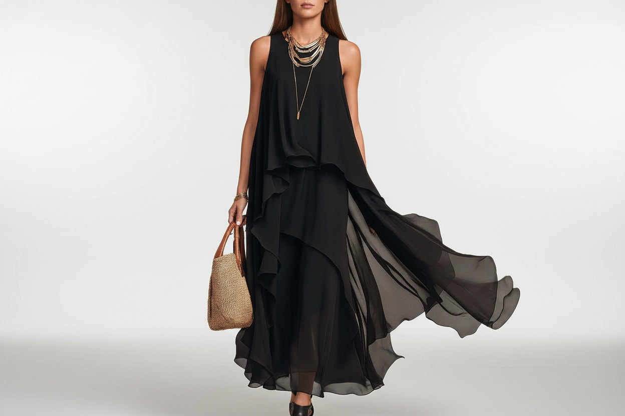 Black Sleeveless Asymmetrical Chiffon Maxi Elegant Flowing Womens Dress 