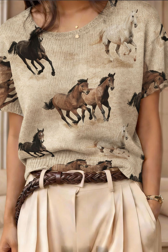 Retro Short-Sleeve Sweater Contrast-Color Jacquard Knit Top 
