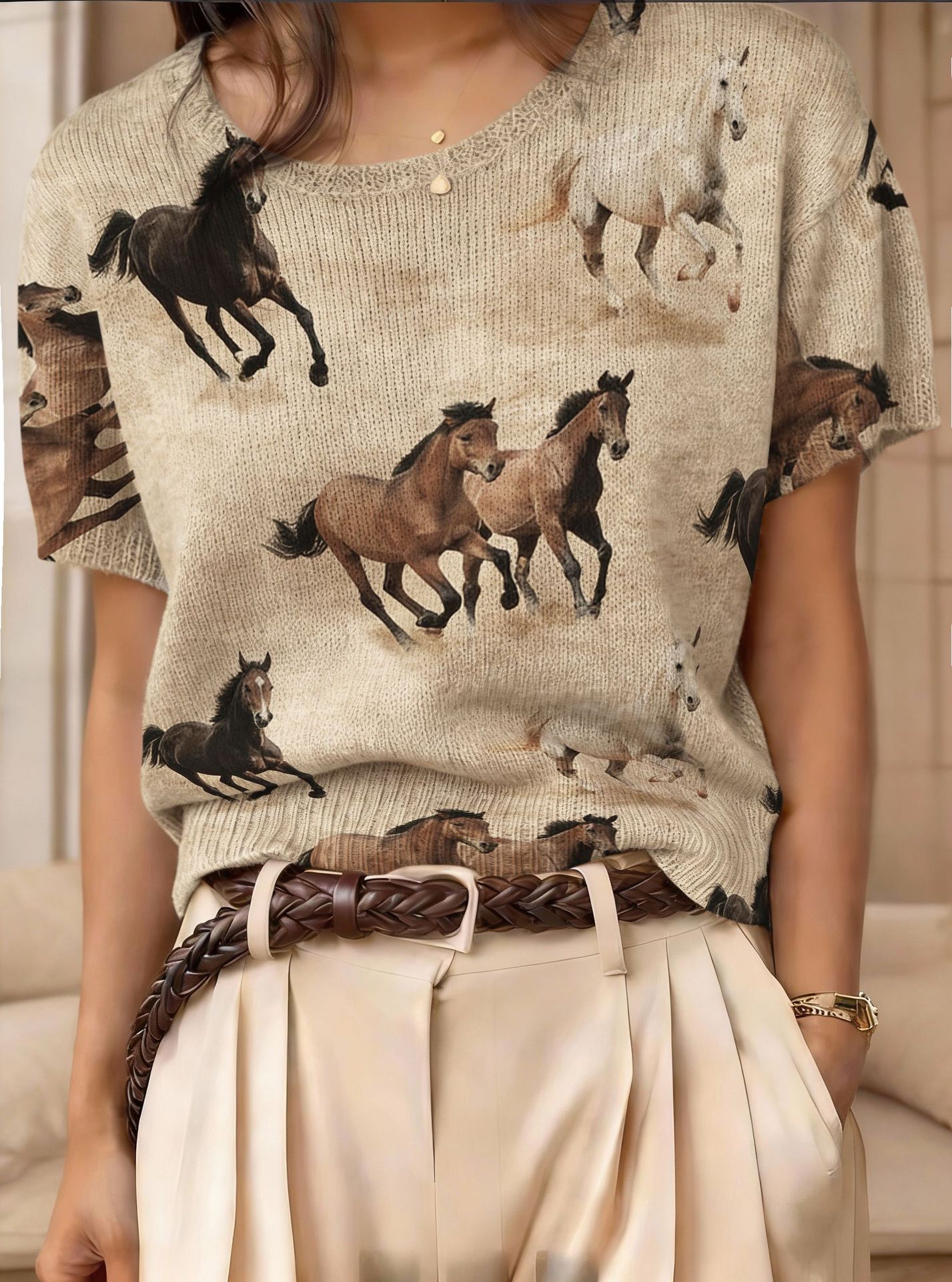 Retro Short-Sleeve Sweater Contrast-Color Jacquard Knit Top 