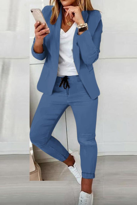Women’s Notch-Lapel Blazer & Drawstring Pants Suit Set 