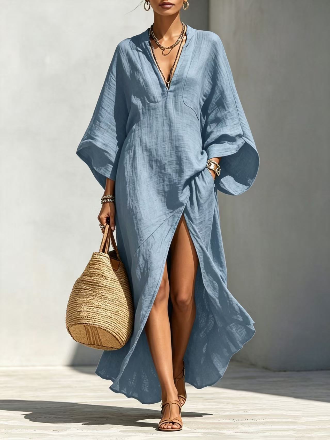 Batwing-sleeve Loose-fitting Maxi-length Resort Dress 