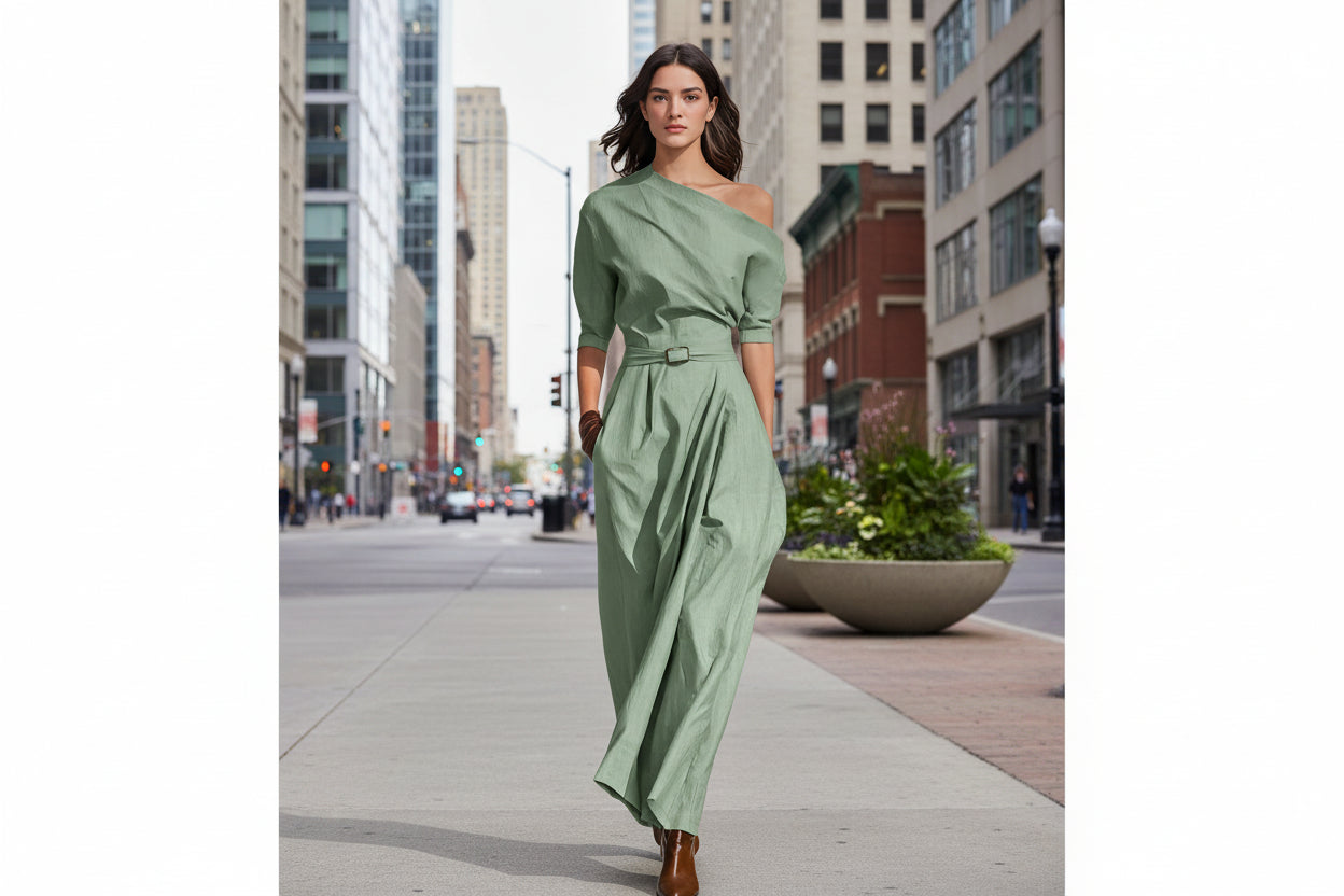 Slanted Shoulder Waist Long Dress 