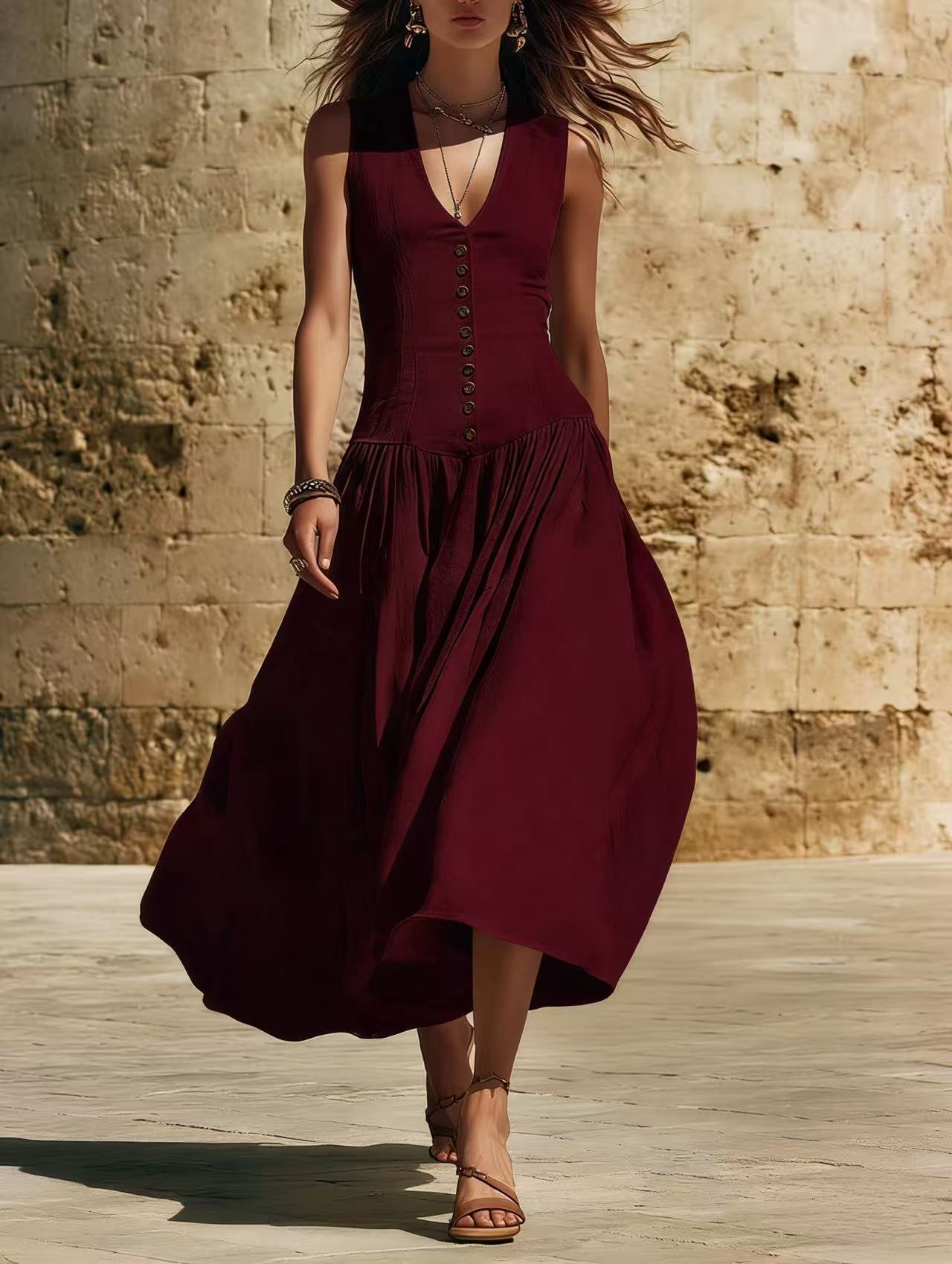 V-Neck Buttoned Chic Elegant Sleeveless Cotton-Linen Dress 