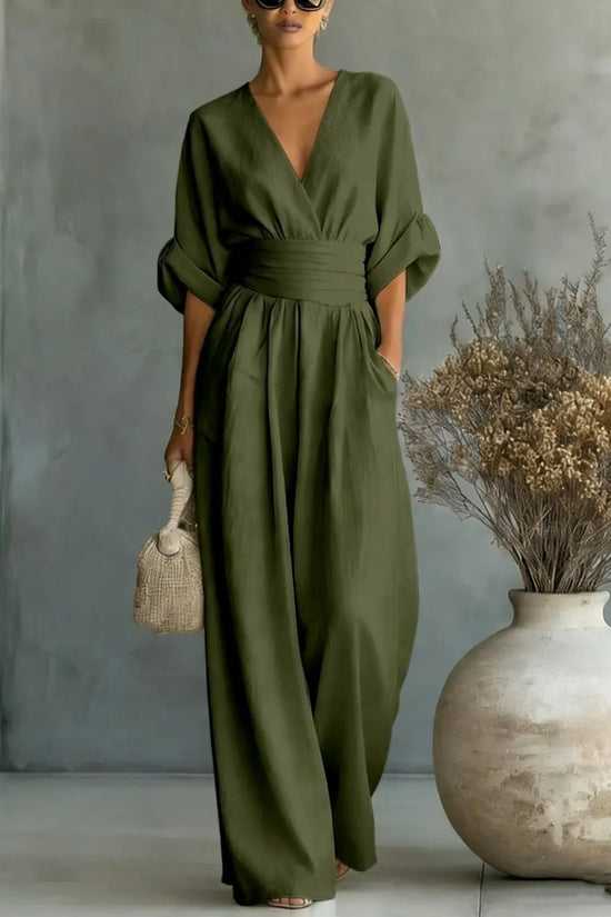 Summer Short-sleeved Jumpsuit Fashion Casual V-Neck Wide-Leg Pants Womens Clothing 
