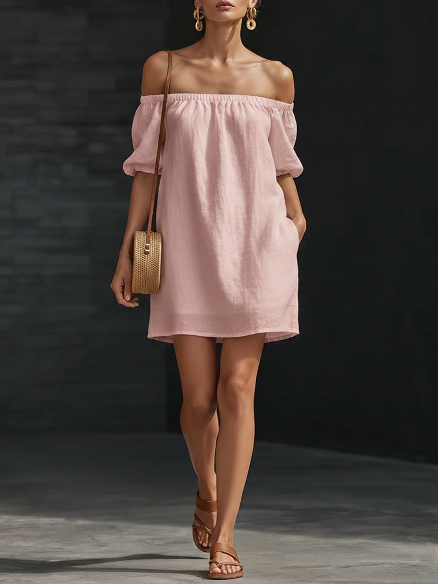 Cotton-linen Womens Off-shoulder Fashionable Loose-fitting Dress 