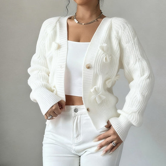 Women's Bow Cropped Cardigan - Long Sleeve V-Neck Button Down Knit Sweater Top 