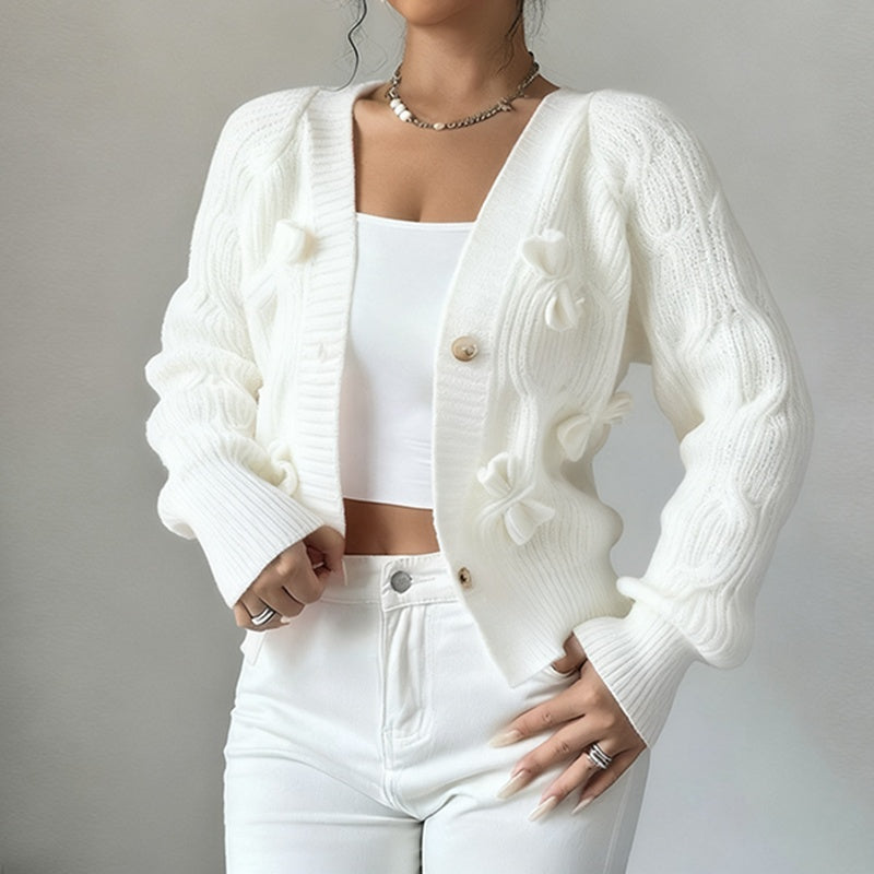 Women's Bow Cropped Cardigan - Long Sleeve V-Neck Button Down Knit Sweater Top 
