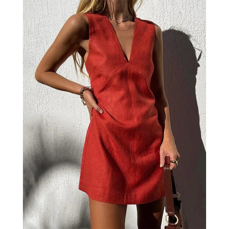🌿 V-Neck Cotton & Linen Sleeveless Mini Dress – Effortless Summer Chic FitiqueFit