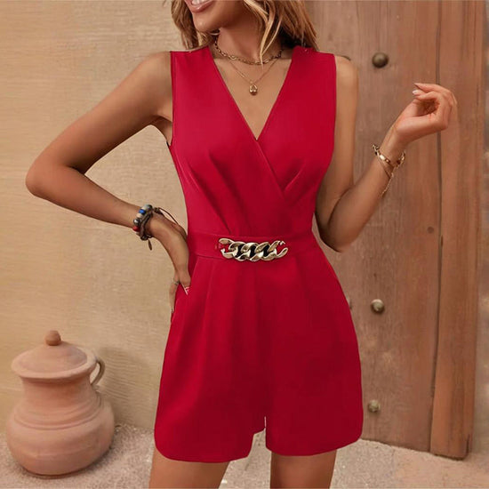 Elegant Sleeveless V-Neck Jumpsuit Solid Color One-Piece CJ US