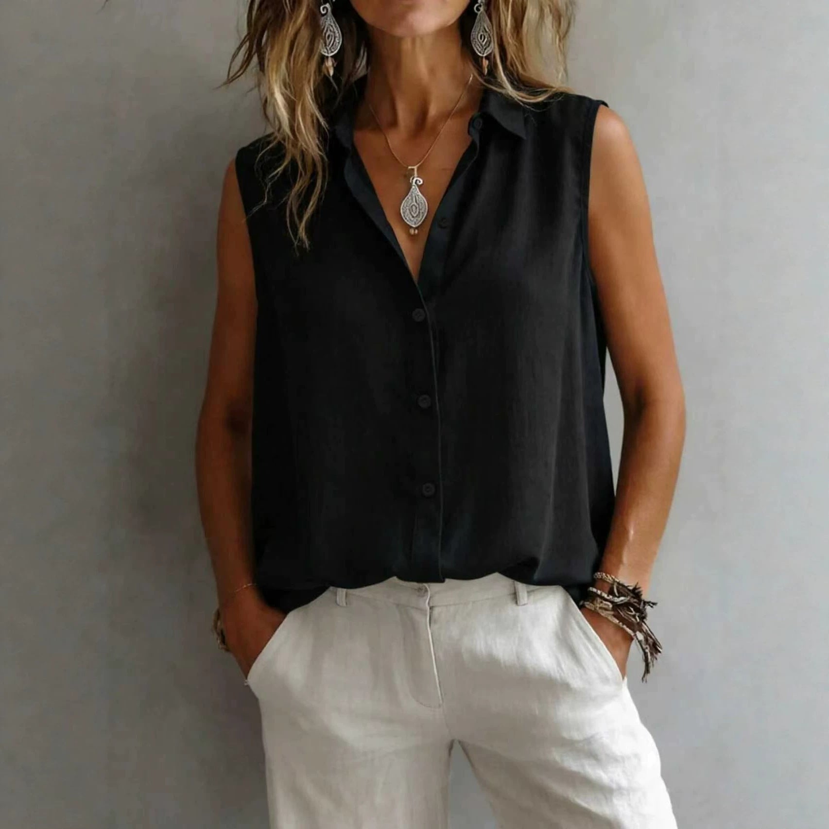 Women's Solid Color Casual Lapel Sleeveless Shirt 