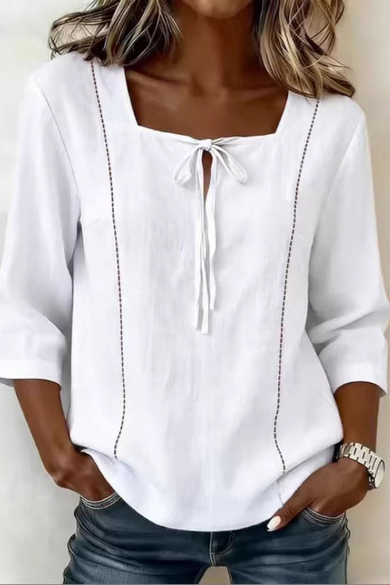 Printed Lace-Up Square-Neck Mid-Sleeve Womens Shirt 